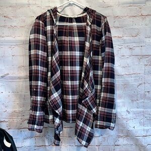 Roxy Sweater Womens Medium Red Black Plaid Draped Open Front Cardigan Hooded